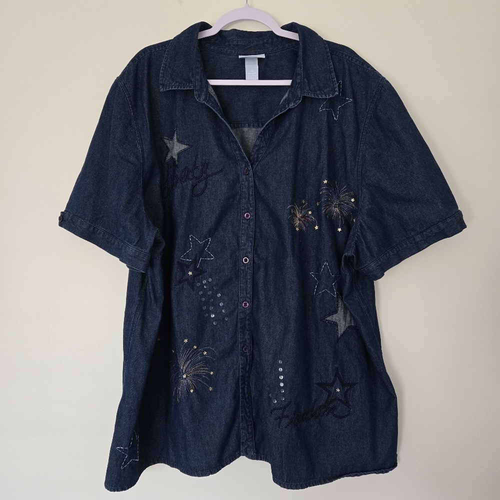 Liz&Me Patriotic Americana Embroidered Dark Blue Denim V Neck Shirt‎ 4XL